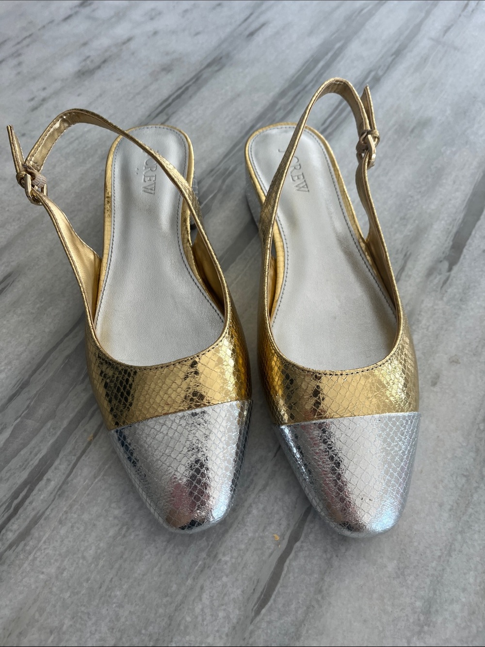 J. Crew Gold and Silver Metallic Slingback Mules